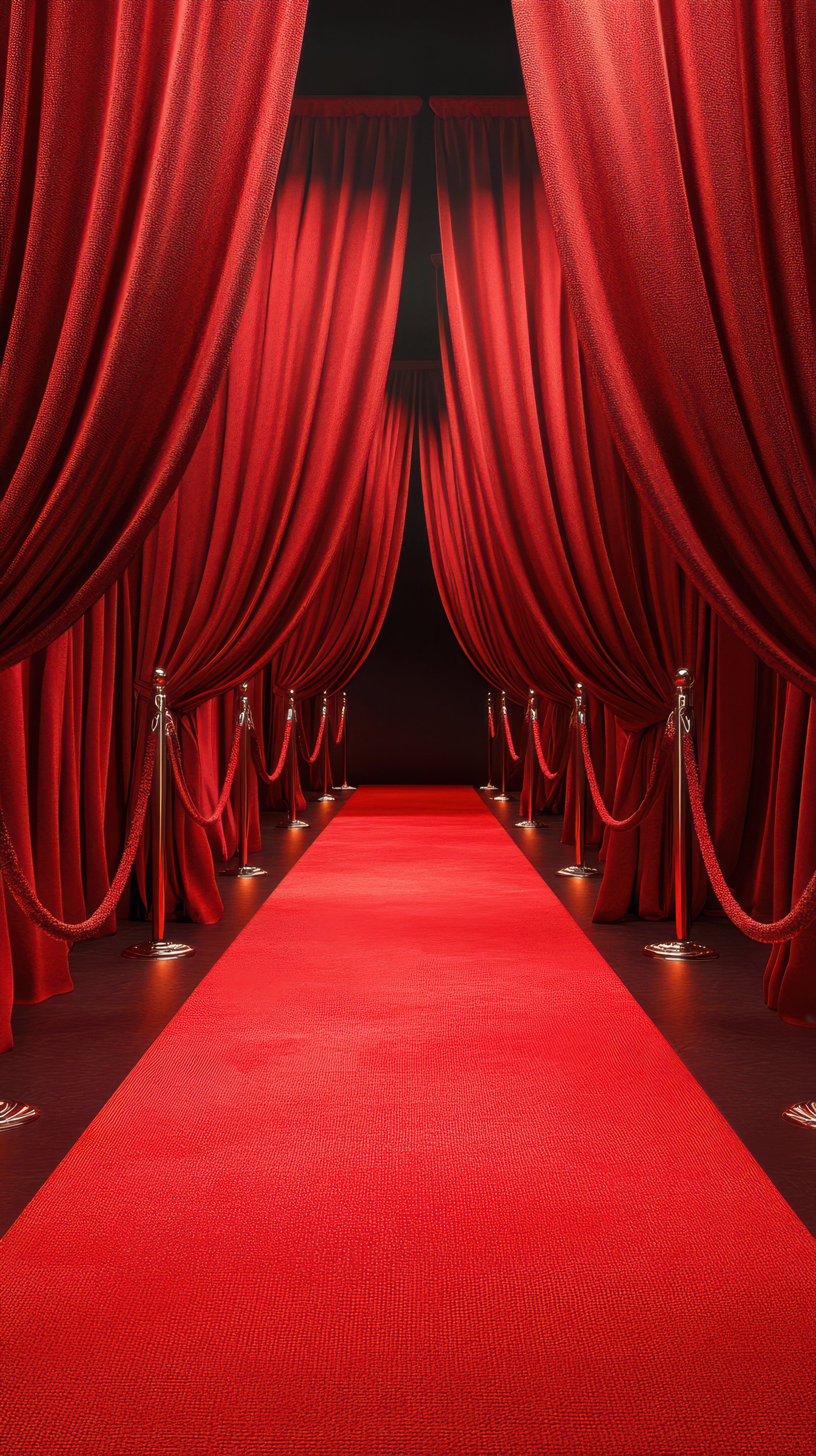 Elegant red carpet entrance featuring dramatic curtains and stanchions in a sophisticated event venue